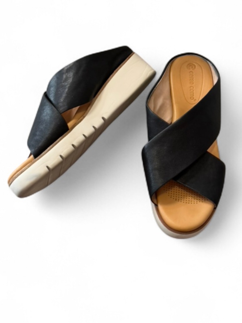 Corso Como Bruna Black Leather Criss Strap Platform Wedge Sandals, Women's 8.5